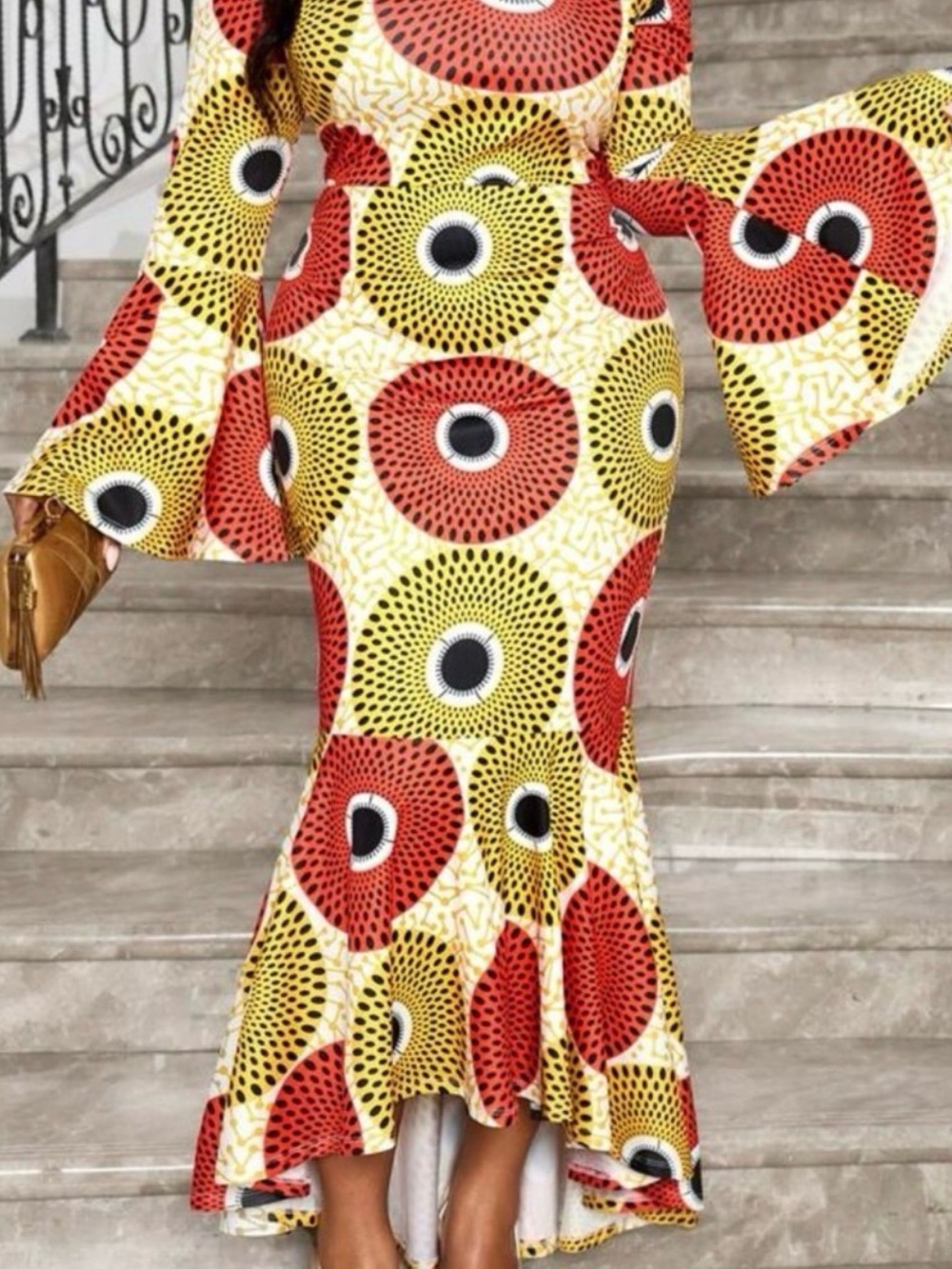 Chic Circular Pattern | Maxi Dress featuring Bell Sleeves- NWOT